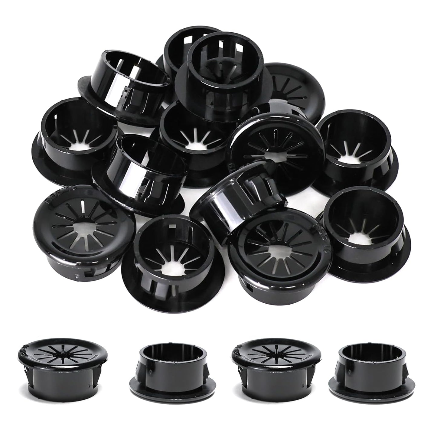 25 Pcs Cable Grommet, Snap Bushing 3/4" (19 mm) Mounting Diameter, Flexible Petal-Shaped Buckle Round Nylon Desk Grommet for Wires Through Countertop Cord Organizer and Protection, Black