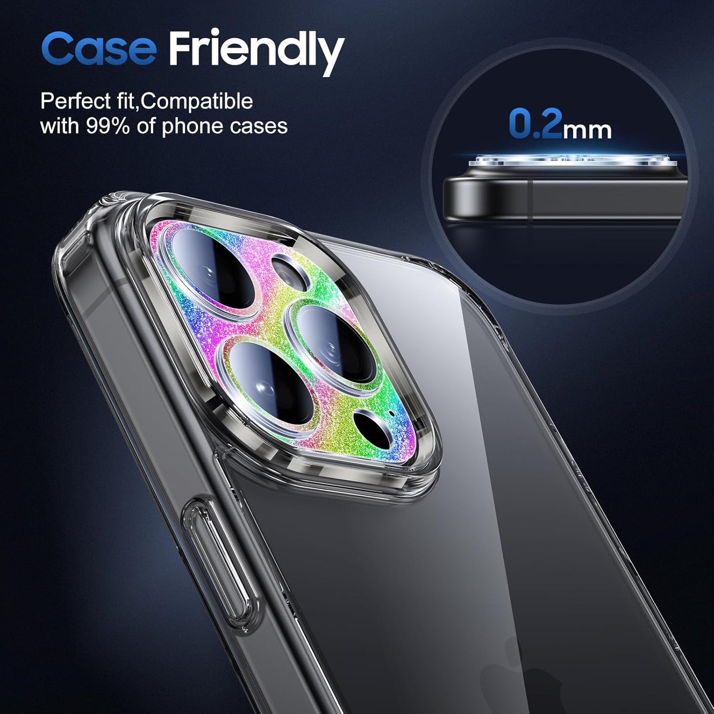 UniqueMe for 3 Pack iPhone 16 Pro/iPhone 16 Pro Max Camera Lens Protector - [Drop Protection] [Case Friendly] 9H Tempered Glass Camera Cover Screen [Update New Version] - Glitter Colorful