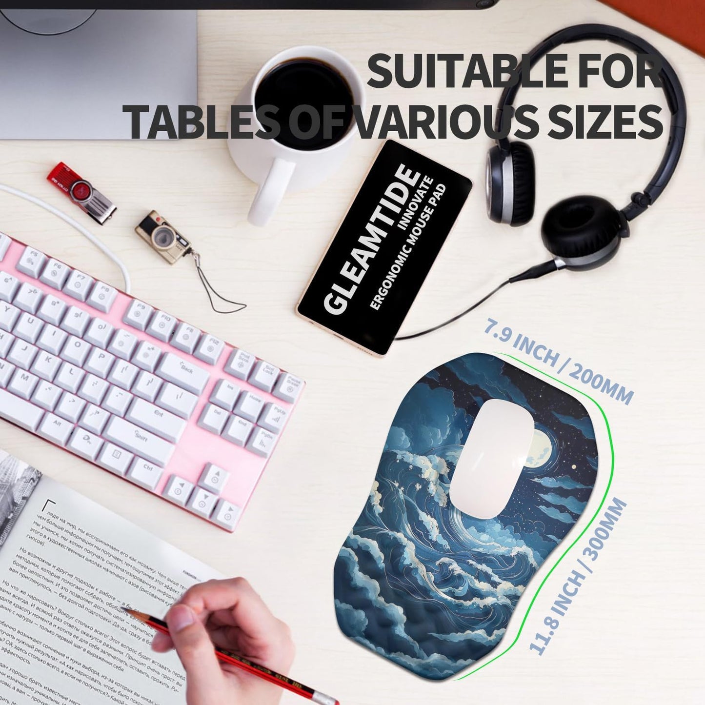 Ergonomic Raised Mouse Pad Wrist Support with Bilateral Slope Memory Foam Mousepad for Wrist Rest and Carpal Tunnel Pain Relief 11.8x7.9〃Indigo Fury Wave