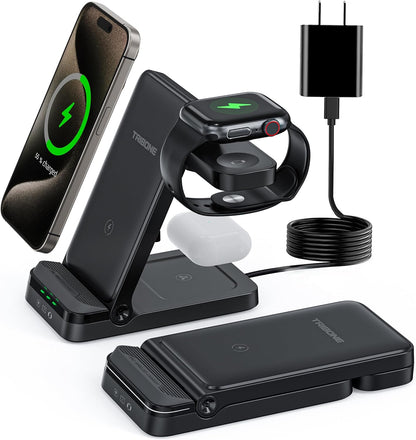 Wireless Charger, Tribone 3 in 1 Foldable Fast Charger for iPhone 17 16 15 14 13 12 11 Pro Max XR XS 8 Plus，for Apple Watch 10 9 8 7 6 5 4 3 2 SE Ultra,for AirPods Pro 4 3 2, Black