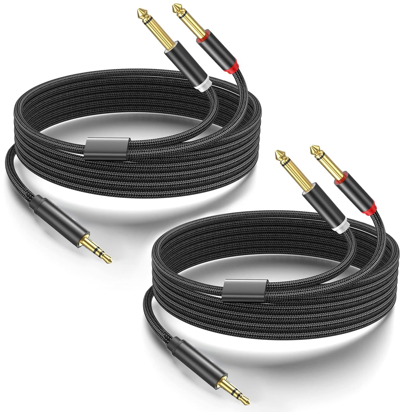 2Pack 10Ft 3.5mm 1/8" TRS to Dual 6.35mm 1/4" TS Mono Stereo Y-Cable Splitter Cord for Smartphone, Computer, CD Player, Speakers and Home Systems Amplifier