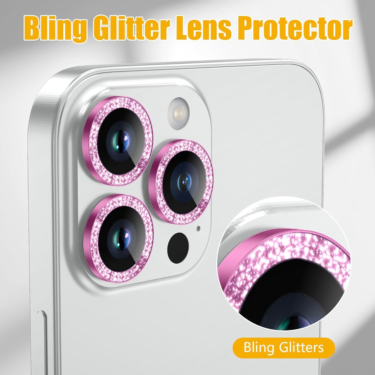 AGVEE 3+3 6 Pack for iPhone 14 Pro 6.1" / 14 Pro Max 6.7" Camera Lens Cover Protector, Bling Diamond & Bling Glitter Metal Ring 9H Tempered HD Glass Camera Cover Protector Film, Bling-Rose