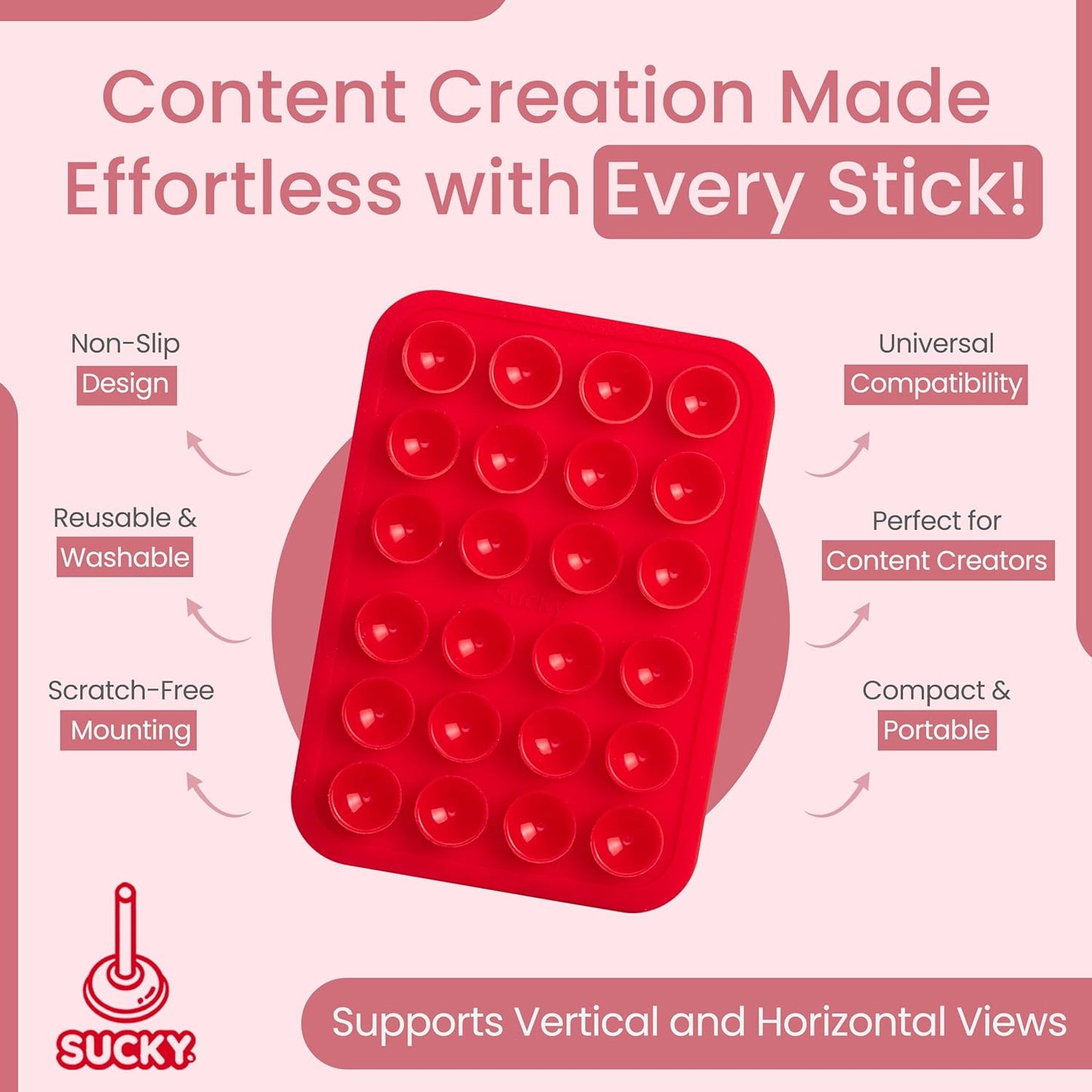 SUCKY Silicone Suction Phone Case Adhesive Octo Cup Buddy Mount - Anti-Slip Holder, Hands-Free Phone Accessory for iPhone and Android - Sticky Grip for Selfies, Videos - Red