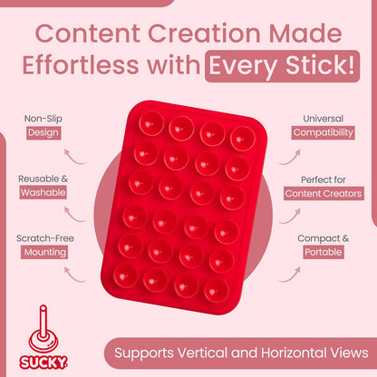 SUCKY Silicone Suction Phone Case Adhesive Octo Cup Buddy Mount - Anti-Slip Holder, Hands-Free Phone Accessory for iPhone and Android - Sticky Grip for Selfies, Videos - Red