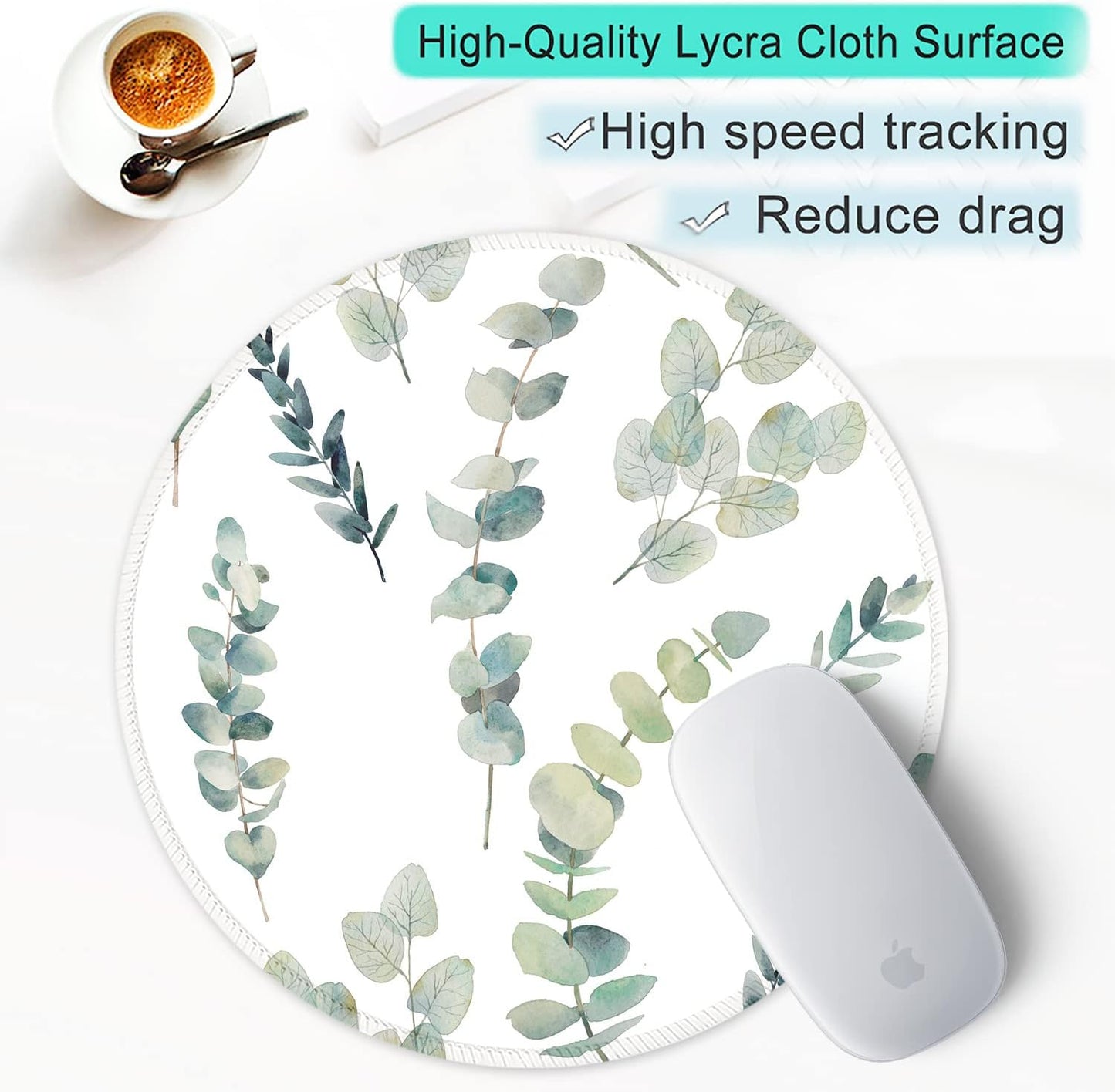 ITNRSIIET Round Mouse Pad with Stitched Edge Premium-Textured Waterproof Non-Slip Rubber Base Desktop Protection Mat Diameter 8.7 inches, Eucalyptus Branches