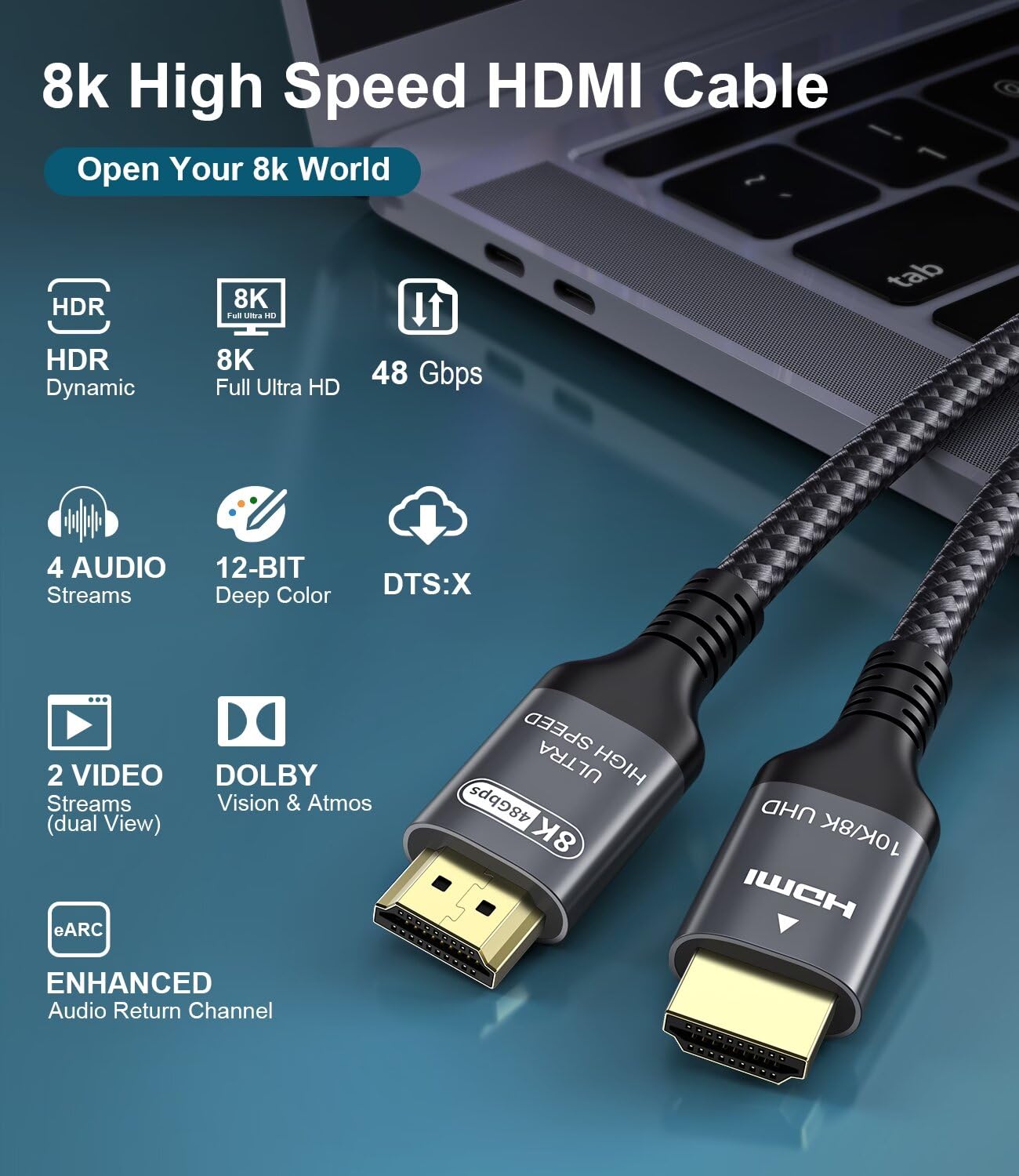 Certified 10K 8K HDMI 2.1 Cable 25 FT, 48Gbps Ultra High Speed HDMI Cable with Ethernet 4K 240Hz 165Hz 144Hz 120Hz 8K60Hz eARC HDCP2.3 HDR10+ PC Laptop TV Monitor Projector