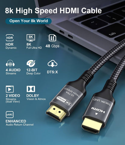 Certified 10K 8K HDMI 2.1 Cable 25 FT, 48Gbps Ultra High Speed HDMI Cable with Ethernet 4K 240Hz 165Hz 144Hz 120Hz 8K60Hz eARC HDCP2.3 HDR10+ PC Laptop TV Monitor Projector