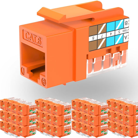 Rapink RJ45 Keystone Jack Cat6 10G Support, Keystone Jacks UTP 50 Pack for Wall Plate and Patch Panel, Rj45 Keystone 90 Degree Orange Color for Cat6, Cat5e, Cat5 Cabling