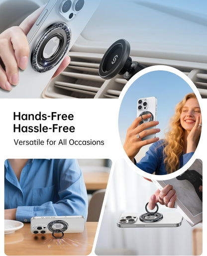 SYNCWIRE Magnetic Phone Ring Holder for MagSafe - Glitter Phone Grip Stand with 360° Rotation & Reinforced Hinge, Compatible with iPhone 16 15 14 13 Pro Max Plus MagSafe Accessories - Glitter Black