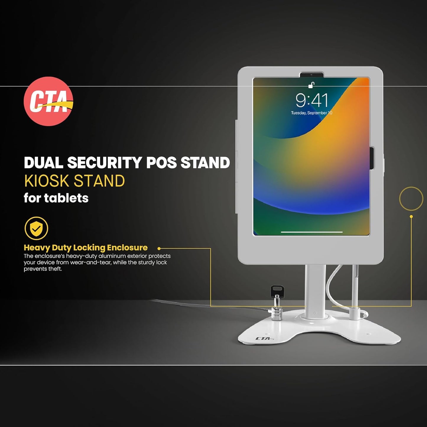 Dual Kiosk Stand – CTA Dual Security Kiosk Stand with Locking Case and Cable for iPad 11th Gen A16 11” - 10th Gen 10.9” - 11” Pro - Air 4 & 5 Gen - White (PAD-ASK109W)