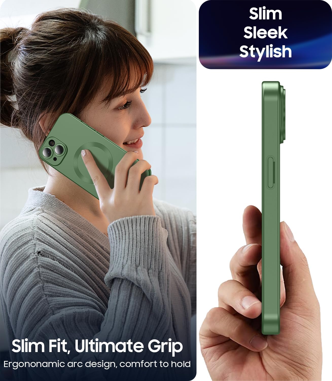 Magnetic for iPhone 14 Plus Case [Compatible with MagSafe][Built-in Camera Lens Protector] Slim Soft Silicone Bumper Shockproof Metallic Luster Phone Case (Green)