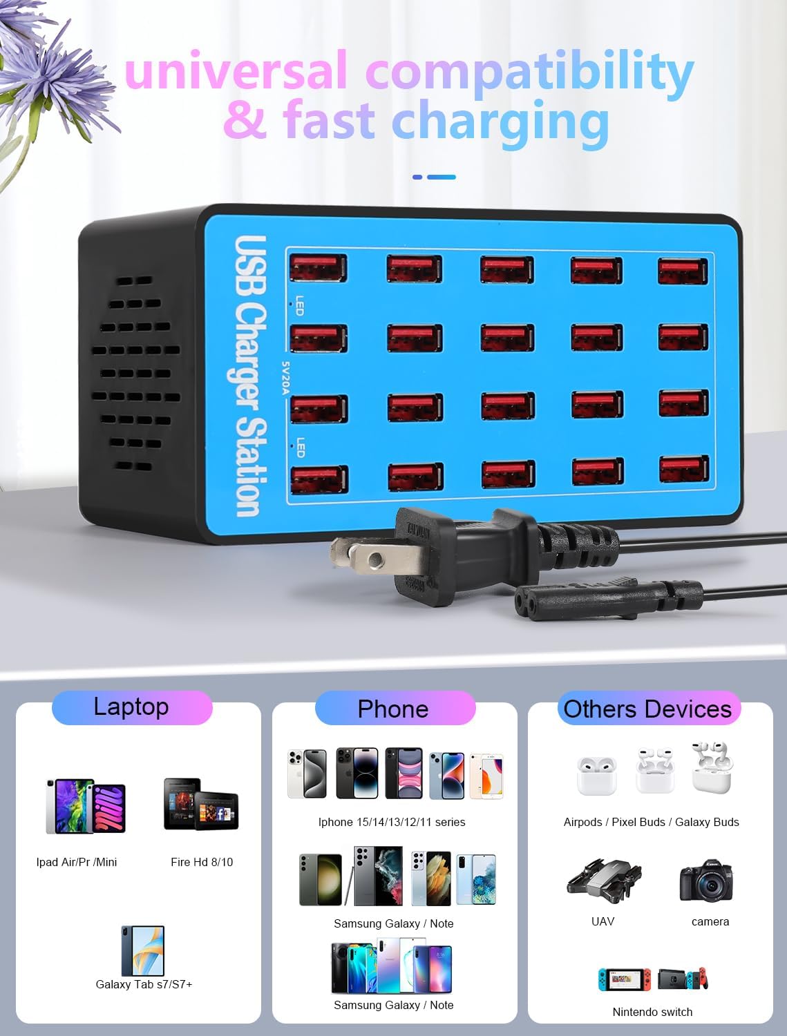 Charging Station, 100W20Port USB Charging Station, Multiple USB Charger Station, Charging Station for Multiple Devices, Multi USB Charging Station, Chargers for Multiple Devices