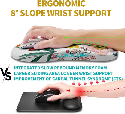Hokafenle Ergonomic Mouse Pad Wrist Support, Wrist Rest Mousepad for Carpal Tunnel Pain Relief with Integrated Memory Foam Slope Massage Bulge (11.8x7.9 inch,Flowers and Ladybugs