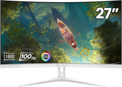 CRUA 27" Curved White Monitor, Full HD(1920x1080P) VA Panel 1800R 100HZ 120% sRGB Professional Computer Monitors, 3Sides Frameless, Flicker-Less,Blue Light Filter, for Office & Gaming (VGA, HDMI)