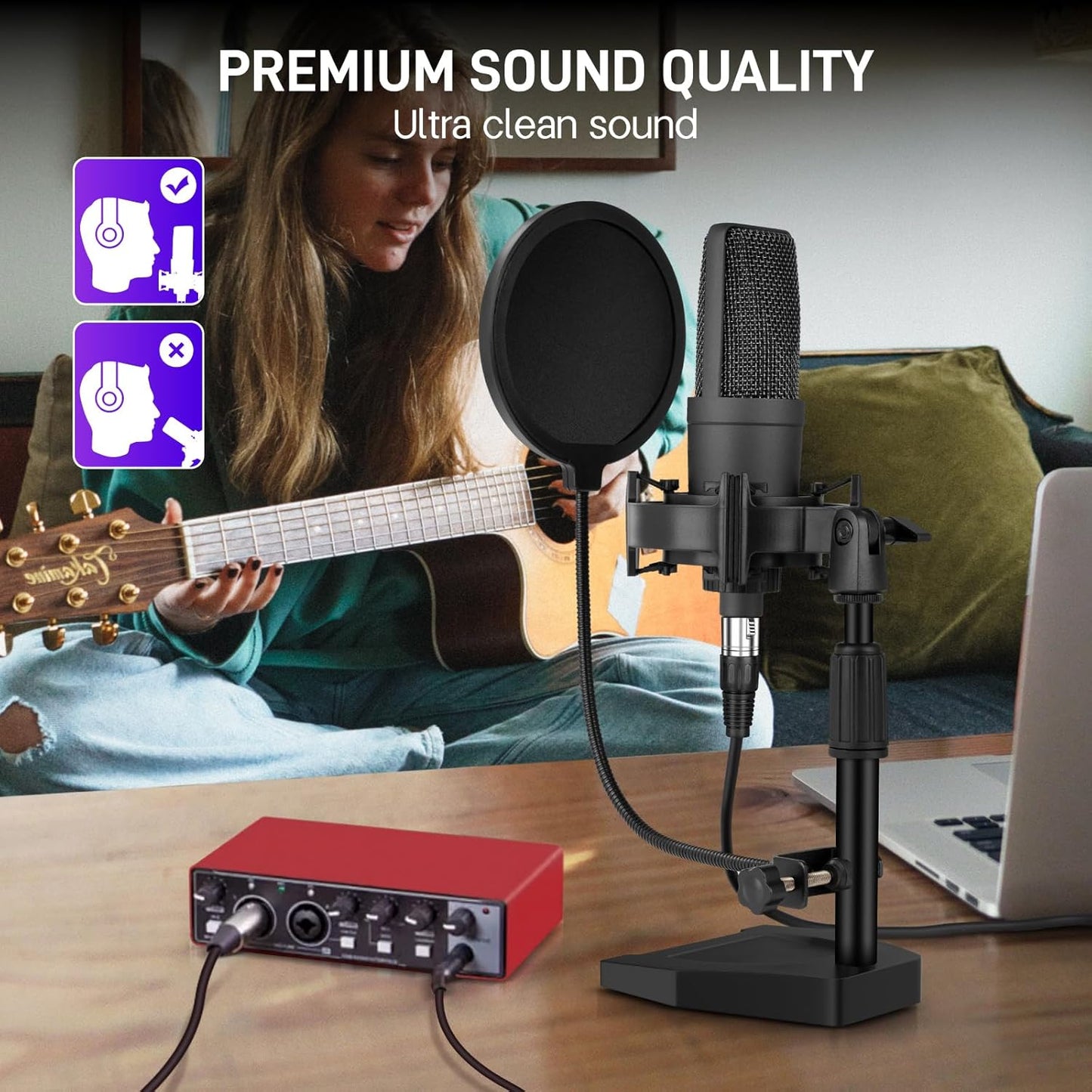XLR Microphone Professional Cardioid Gaming Mic Kit with Desktop Stand,Shock Mount,Pop Filter,PC Computer Studio Condenser Microphone for Podcast Recording,Streaming,Voice Over,ASMR,YouTube