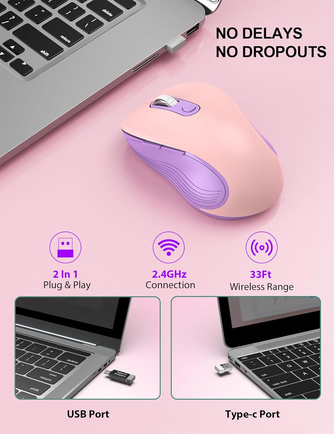 Trueque Wireless Mouse for Laptop, 2.4GHz Ergonomic Computer Mouse with Back & Forward Buttons, 3-Level DPI, 6 Buttons, Optical USB Cordless Mice for Windows Chromebook MacBook PC (Pink Purple)