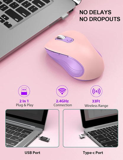 Trueque Wireless Mouse for Laptop, 2.4GHz Ergonomic Computer Mouse with Back & Forward Buttons, 3-Level DPI, 6 Buttons, Optical USB Cordless Mice for Windows Chromebook MacBook PC (Pink Purple)