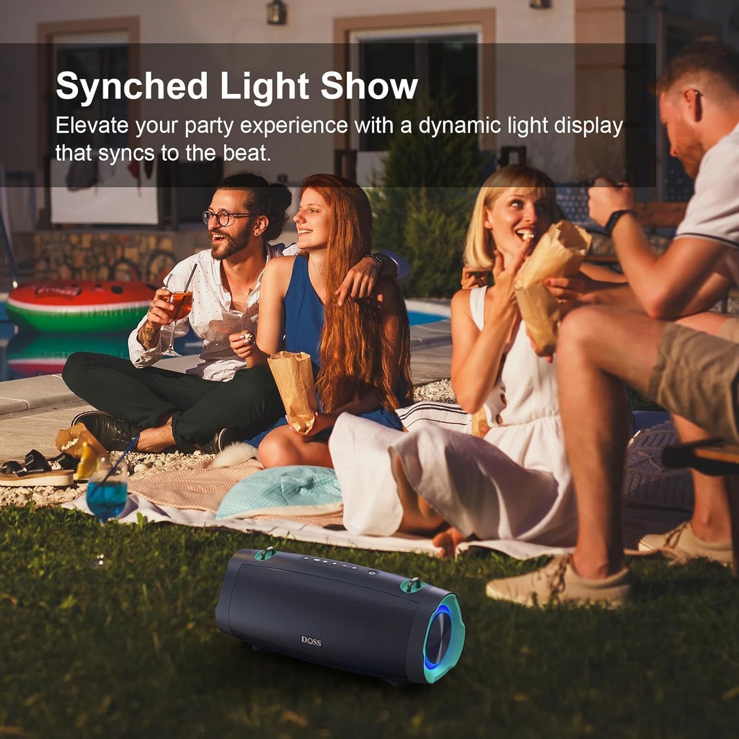 DOSS Extreme Boom Pro D100 Bluetooth Speaker with 140W Peak, 70W Bold Sound, Extra Bass, 24H Playtime, Beat-Sync Lights, Built-in Power Bank, IPX6 Waterproof, Portable Strap for Outdoor, Camping-Black