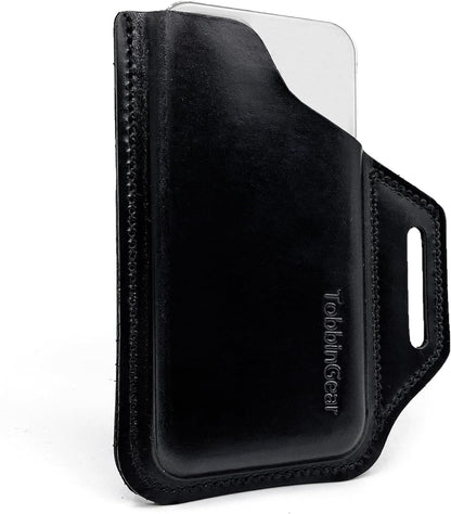 TobbinGear Leather Belt Phone Pouch, Left Handed Leather Cell Phone Holster, Universal Phone Case with Belt Loops, for Men and Women Black Large
