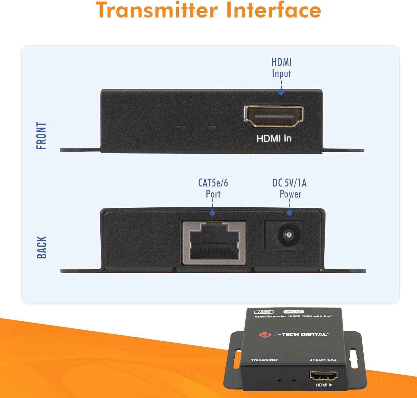 J-Tech Digital HDMI Extender Over Single Ethernet Cat5e/6/7 1080P Up to 1080P 160ft Support PoC 3D Digital Audio, Works with Laptop Desktop, Transmitter and Receiver [JTECH-EX2]