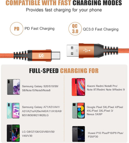 sweguard USB Type C Charger Cable 3.1A Fast Charging [3-Pack,10ft+6.6ft+3.3ft] Braided USB C Cord for iPhone 16 15 pro max Plus,Samsung Galaxy S24 S23 S22 S21 S20 S10 A53 Note Flip LG Moto PS5-Orange