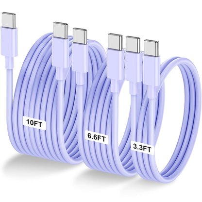 3-Pack Purple [3.3FT+6.6FT+10FT] 60W USB C to USB C Cable, Type C Fast Charging Cable for iPhone 16 15 Pro Plus Pro Max，for Galaxy S24 S23, for iPad Pro/Air, for MacBook Pro/Air and More