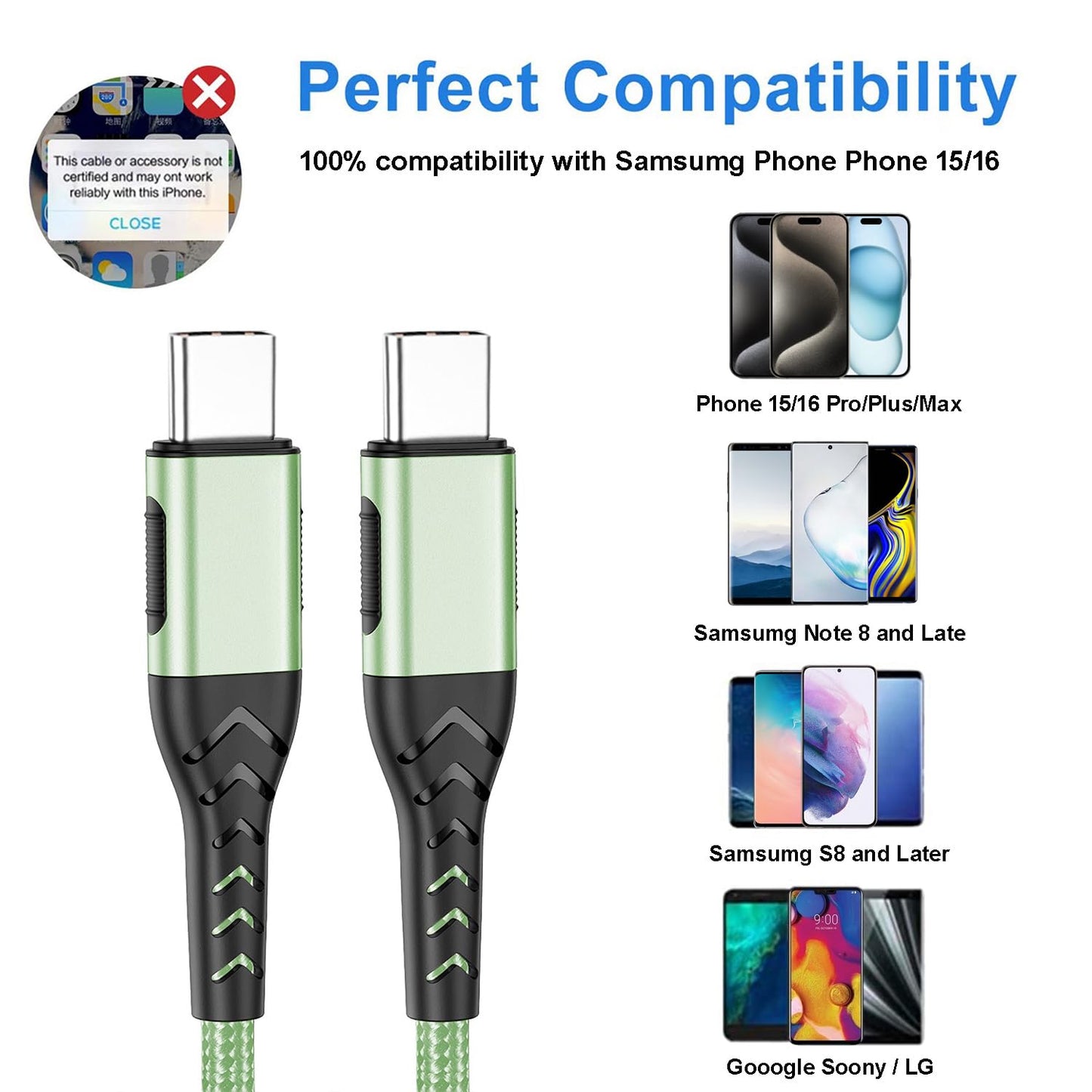 Durcord USB C Cable, Upgarded 2Pack 10ft Fast USB Type C Charging Cable for Android/Phone/Pad/Laptop, Type C Charger Braided USB Cable Compatible withi Phone 16/15/Pro/Plus/Max/Sam.Sung-Green