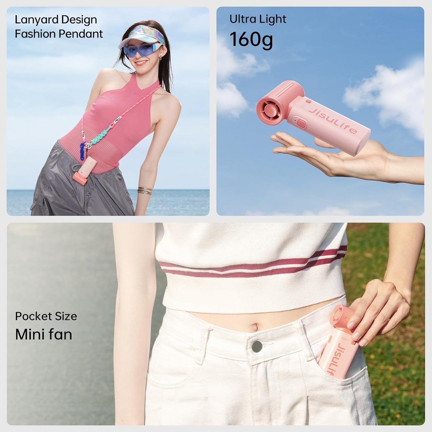 JISULIFE Portable Handheld Fan Life9, Turbo Power High Speed Air [12H Max Cooling Time], 5 Gear Wind, 3600mAh Rechargeable, Mini Pocket Design, Personal Fan for Travel Concerts Camping Makeup - Pink
