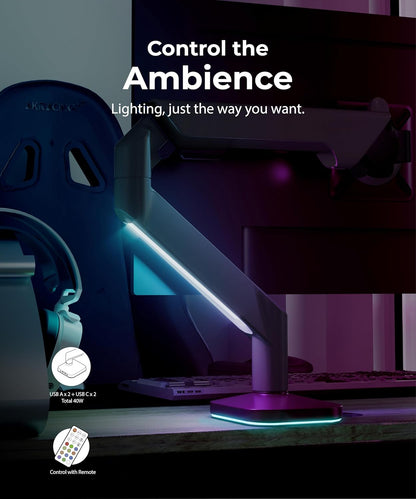 Heavy Duty Ultrawide Monitor Arm with RGB Lighting & USB Charging, Fits 34 to 49 inch Curved Screens, Supports 14 to 38 lbs, Adjustable Desk Mount, Compatible with Gaming Setup, White