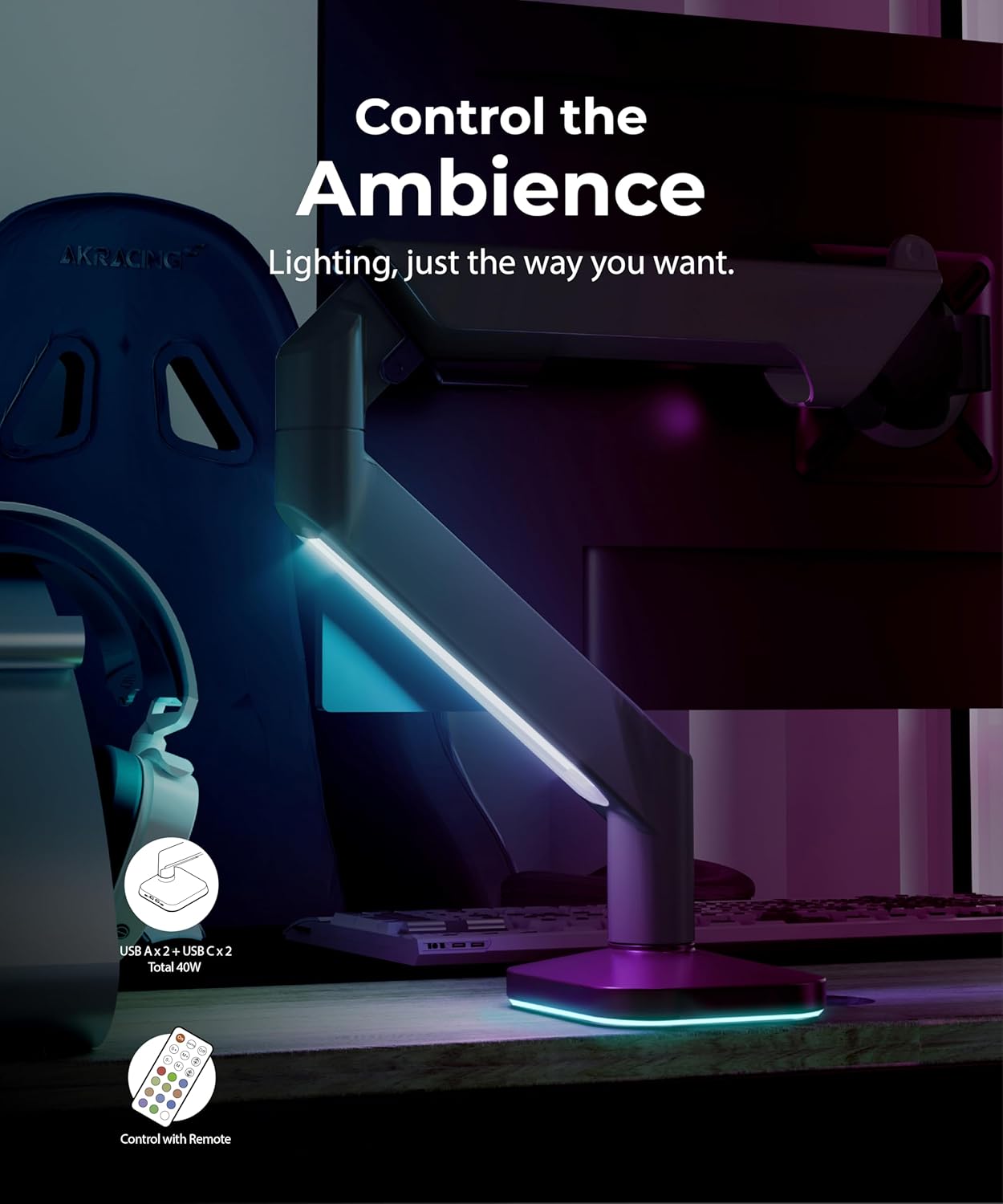 Heavy Duty Ultrawide Monitor Arm with RGB Lighting & USB Charging, Fits 34 to 49 inch Curved Screens, Supports 14 to 38 lbs, Adjustable Desk Mount, Gaming Setup, Black