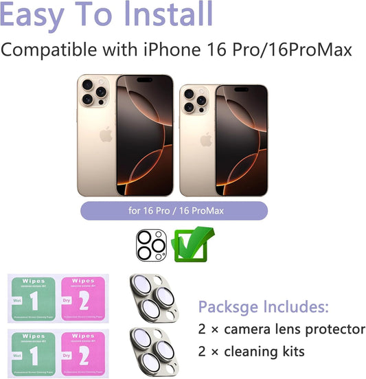 2 Pack Camera Lens Protector for iPhone 16 Pro/iPhone 16 Pro Max,[Not Easy to Breakn ] AR Tempered Glass Strong Adsorption Metal Camera Cover Screen-Titanium Grey