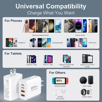 40W USB C Charger Block for iPhone 17/17 Pro/17 Pro Max/Air/16/16 Pro/16 Pro Max/16 Plus/15/15 Pro Max/14 13 12 11 Pro Max XS XR X, 4-Port PD+QC Multiport Power Adapter Type C Fast Charging Brick Cube