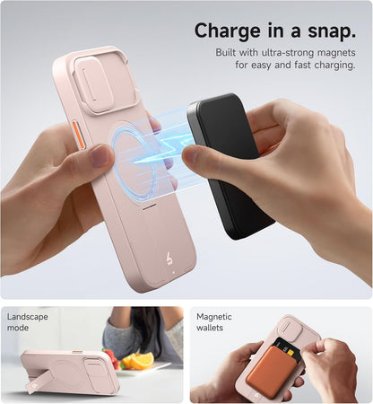 SURITCH for iPhone 12/12 Pro Case with Magnetic Camera Slide Cover and Adjustable Kickstand, Compatible with MagSafe, Shockproof Bumper Case Slim Protective Cover for iPhone 12/12 Pro 6.1 Inch, Pink