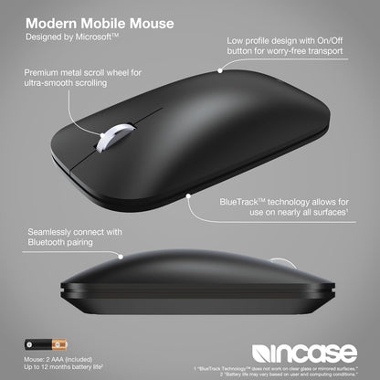 Incase Modern Mobile Mouse – Designed by Microsoft – Lightweight, Precision Navigation, Right/Left Hand Use, Scroll Wheel, BlueTrack Technology, Wireless Bluetooth for Mac/Windows/8/10/11 (Black)