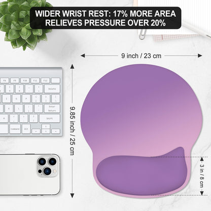 ITNRSIIET Ergonomic Mouse Pad with Wider Memory Foam Wrist Rest +17% - Curved Cushion Reduces Pressure 20%, Pain Relief, Non-Slip, Smooth, Cute Colors, 9.85 x 9 in, Purple Pink Gradient