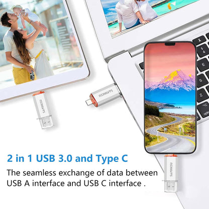3.0 USB C Flash Drive, USB-A & Type-C OTG Thumb Stick, Dual Memory Sticks Compatible with PC/Laptop/Type C Cell Phone and Tablet (Silver/Blue, 128GB)