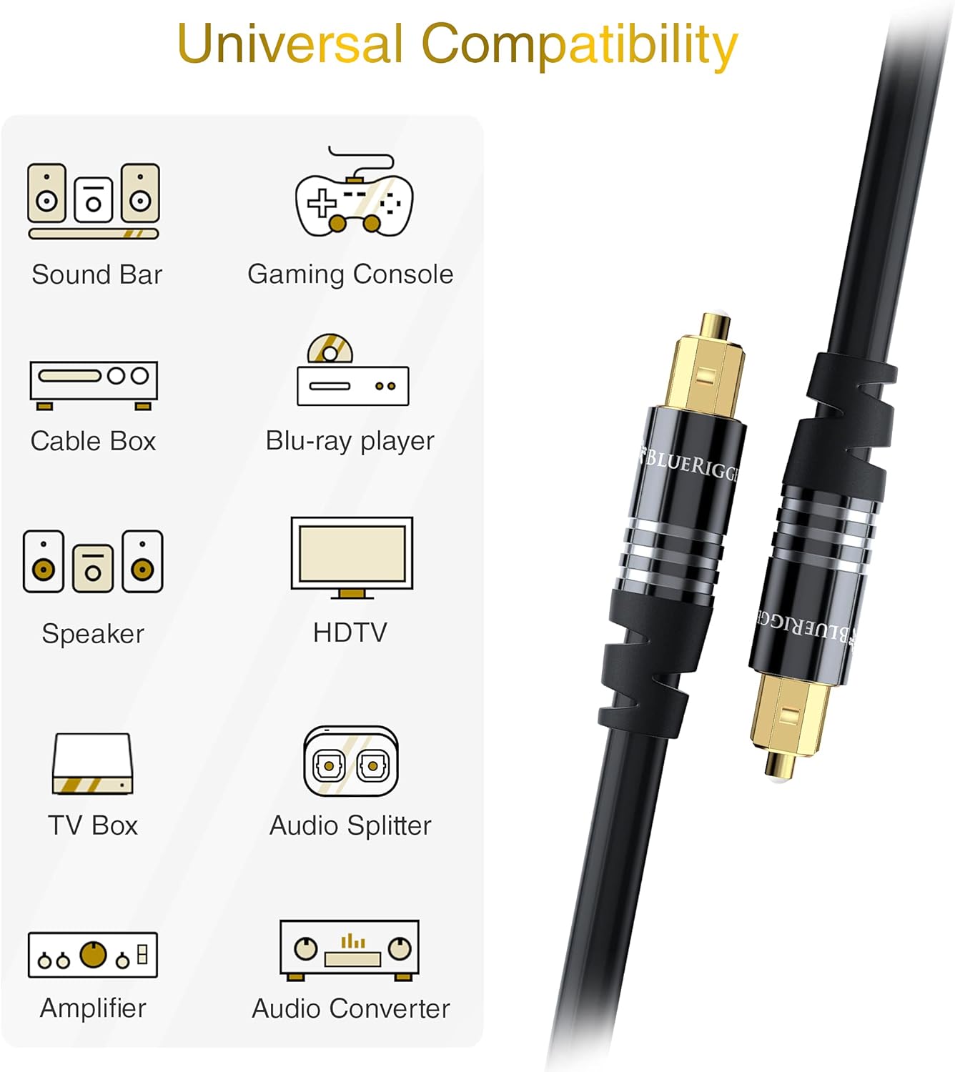 BlueRigger Digital Optical Audio Toslink Cable (35FT, Fiber Optic, Aluminum Shell, 24K Gold-Plated) - Compatible with Home Theatre, Sound Bar, TV, Xbox, PlayStation PS4 – Premium Series