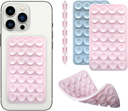 Silicone Double-Sided Suction Phone Grip Detachable Mount - Car Dashboard/Shower Phone Holder, Hands-Free For Selfies & Videos, TikTok - iphone & Android Compatible (3.74"x2.2", Baby Blue+Baby Pink)