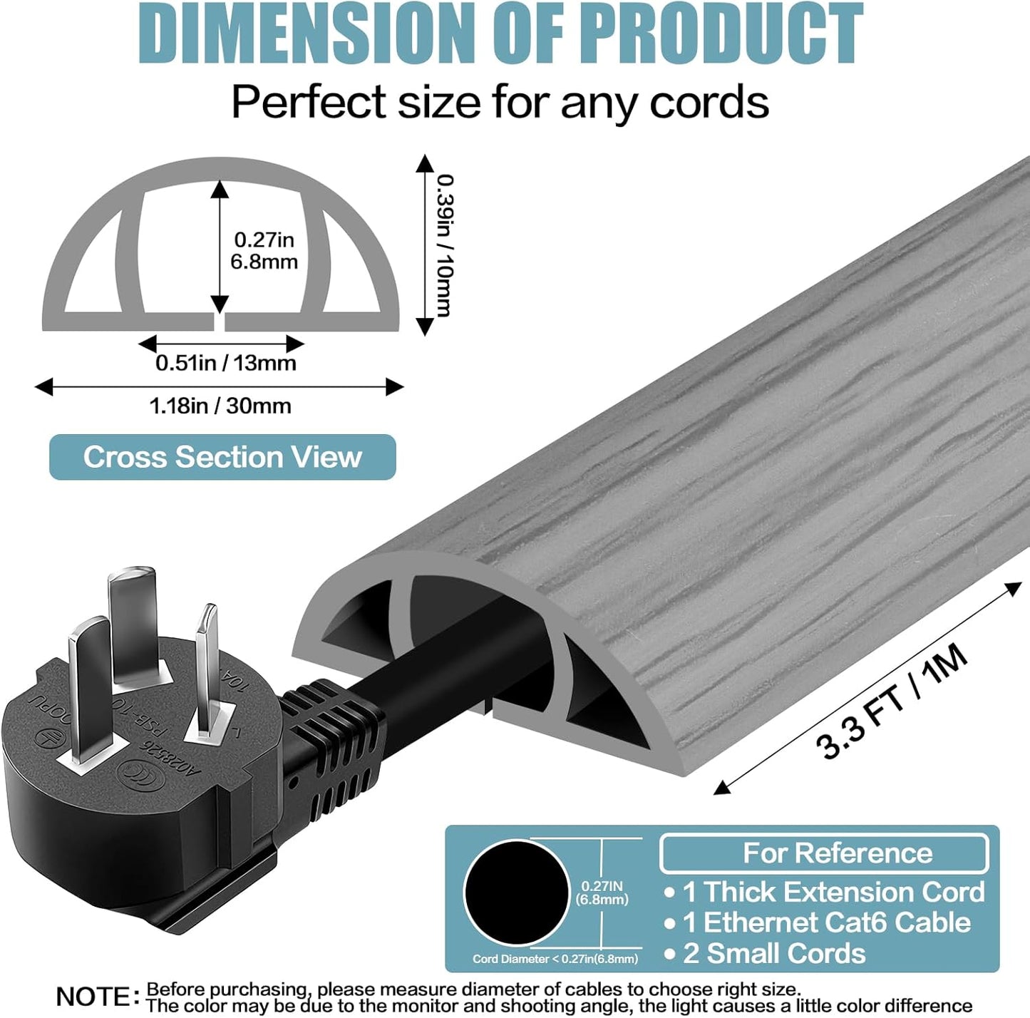 Floor Cord Cover Self Adhesive Cord Hider,3.3FT Cable Management, Extension Strip Protector for Wires, Prevent Cable Trips for Offices, Gyms, Exhibitions Cavity:0.39"(W) x 0.27"(H) Gray Wood