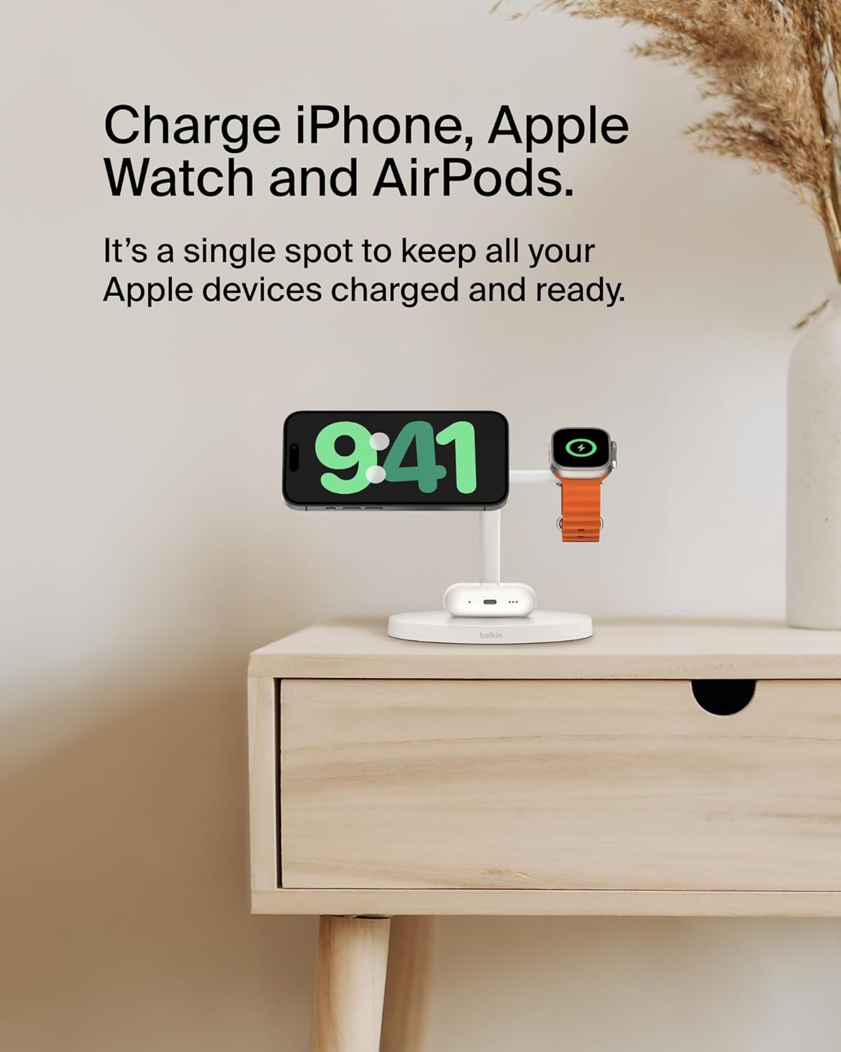 Belkin MagSafe-Compatible Charger, 3-in-1 Wireless Charging Station, Qi2-Certified 15W Wireless Charge for Apple iPhone 17 Series, Apple Watch, AirPods w/Non-Slip Base, 40W Included - Black