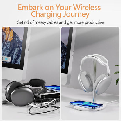 Headphone Stand with Wireless Charger, Gaming Headset Holder Hanger Rack 2 in 1 Wireless Charging Station Dock for iPhone 15/14/13/12/11 Series, AirPods Pro/3/2 and Desk All Headphones, White