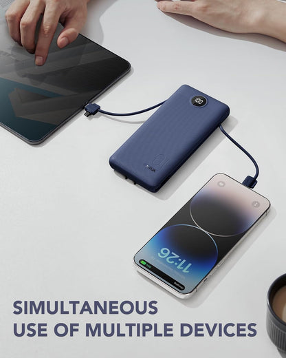 VRURC Portable Charger Built-in Cables and AC Wall Plug, USB C Power Bank 10000mAh, Travel Battery Portable Phone Charger Compact Lightweight External Battery Pack for Smart Phones, Tablets etc-Navy