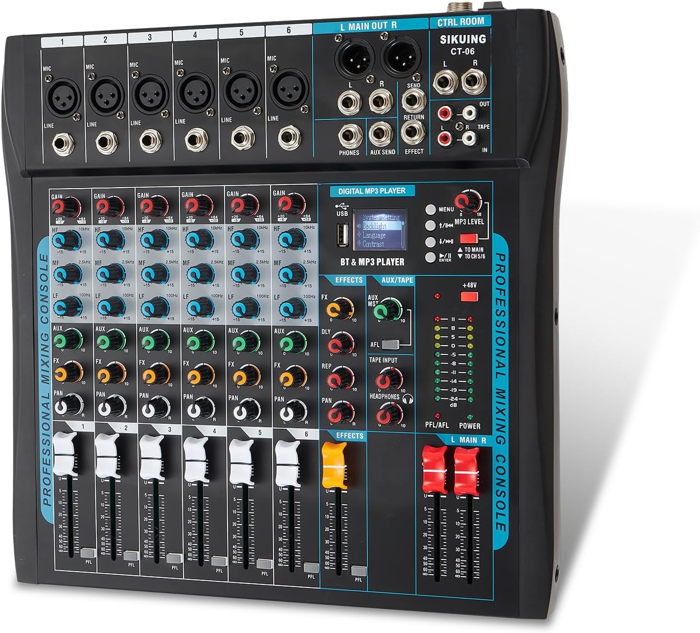 Audio Mixer,6 Channel Board Mixer for Streaming, Professional Sounds Board Mixer with 16 DSP Effect, USB Audio Interface and 48V Phantom Power, Stereo DJ Mixers for PC Recording/DJ stage