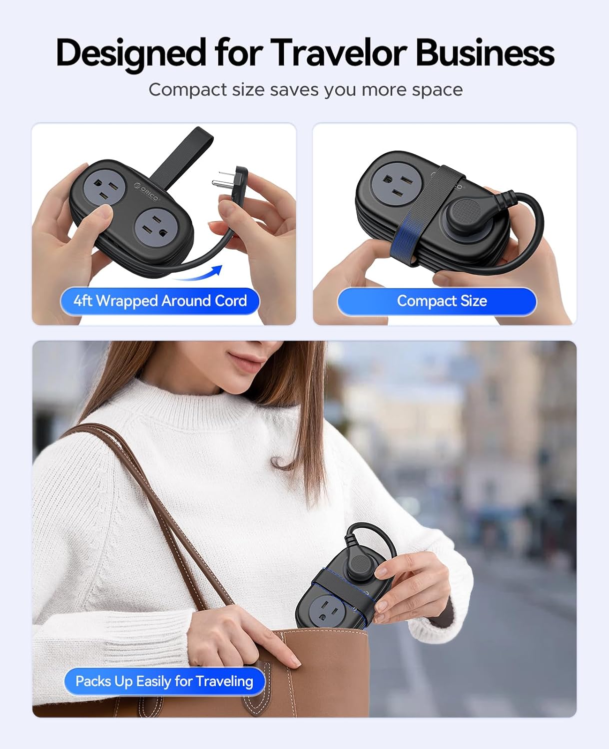 ORICO Travel Power Strip PD20W with 4 AC Outlets 3 USB Ports (1 USB-C), 4FT Flat Plug Extension Cord, Compact Portable Design for Business Travel, Cruise Ship Essentials-AP3