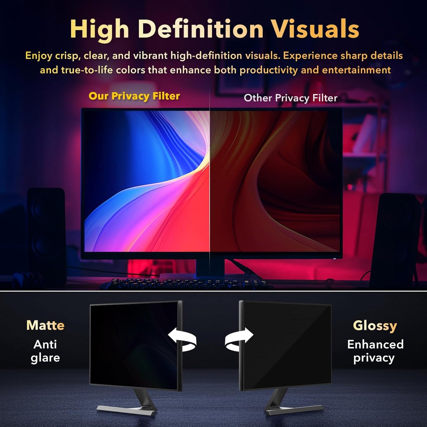 Magnetic Invisible Hidden Design Computer Privacy Screen Filter 27 Inch for Frameless Monitor 16:9 Aspect Ratio, Removable Anti Glare Blue Light Protector, Double Sided Reversible Eye Care 27in Film