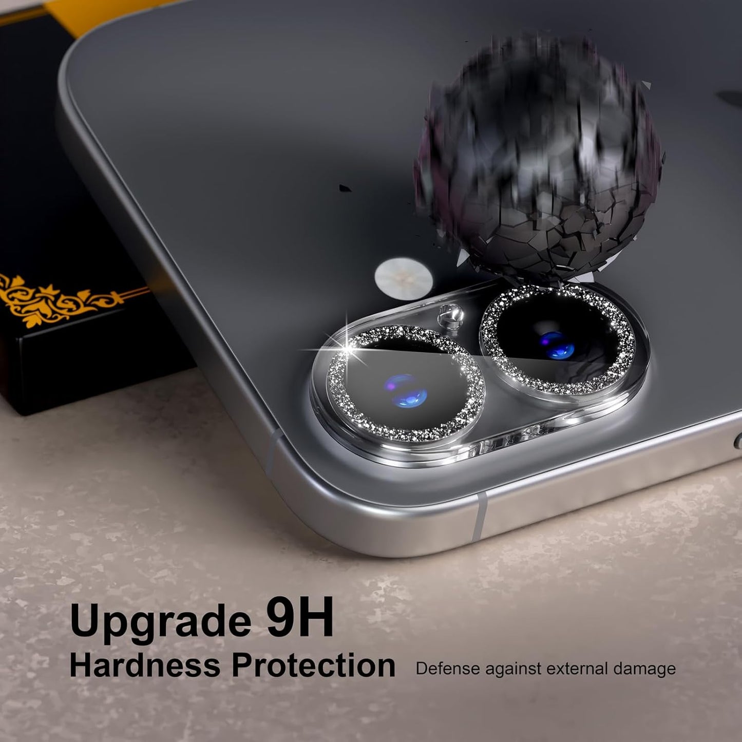 beuxece for 6 Pack iPhone 16 / iPhone 16 Plus Camera Lens Protector [Drop Protection] [Case Friendly] [Easy Installation] 9H Tempered Glass Camera Screen Protector Cover Accessories, Glitter Black