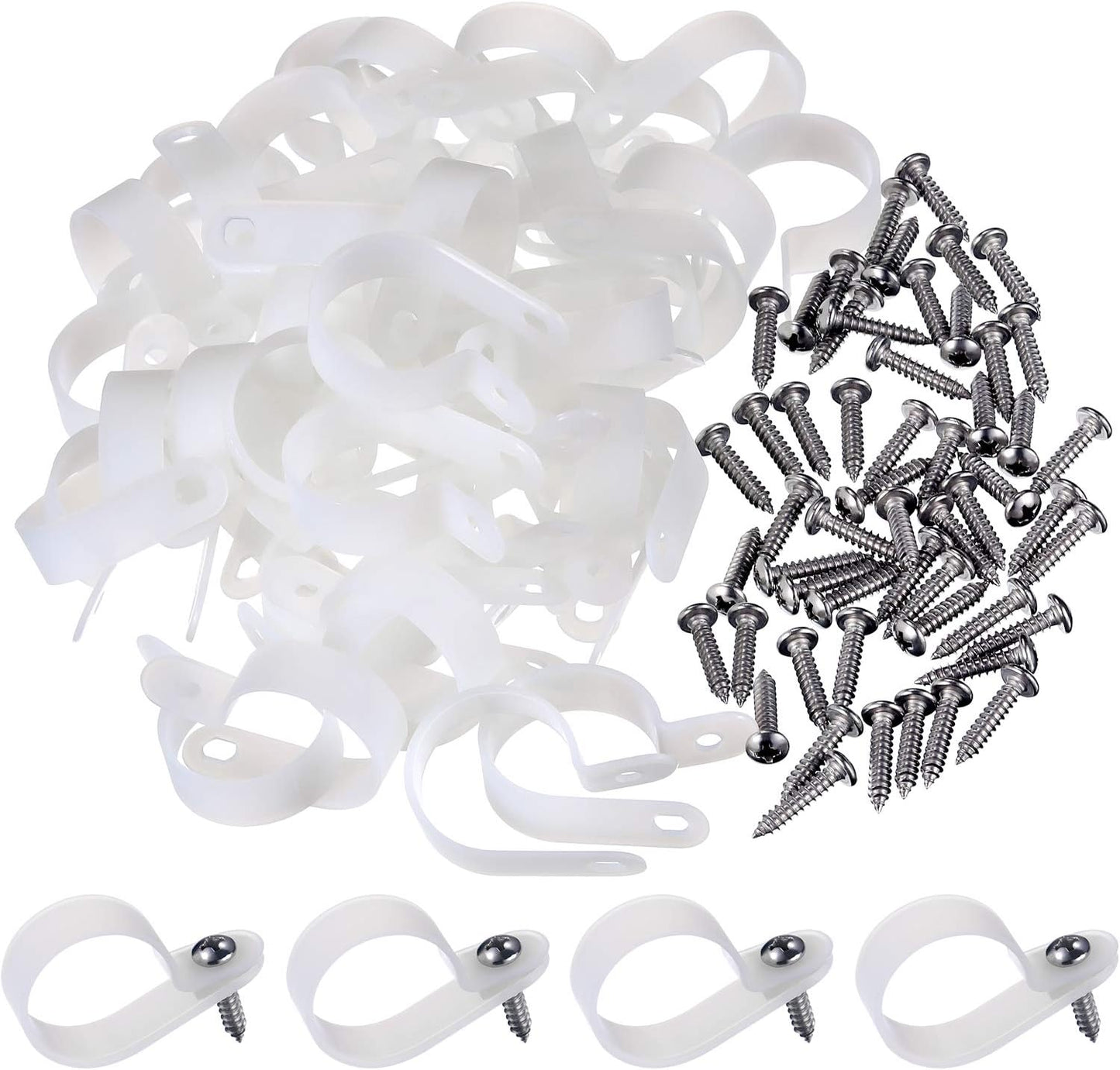Hicarer 50 Pack R-Type Cable Clip Wire Clamp, Nylon Screw Mounting Cord Fastener Clips with 50 Pack Screws for Wire Management (White, 1 Inch)