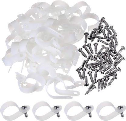 Hicarer 50 Pack R-Type Cable Clip Wire Clamp, Nylon Screw Mounting Cord Fastener Clips with 50 Pack Screws for Wire Management (White, 1 Inch)