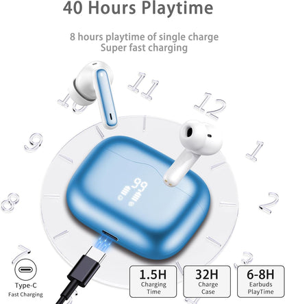 Wireless Earbuds, Bluetooth 5.4 Headphones in Ear with 4 ENC Noise Cancelling Mic, New Wireless Earphones HiFi Stereo Deep Bass 40H Playtime, In-Ear Bluetooth Earbuds LED Display IP7, USB-C, Lake Blue