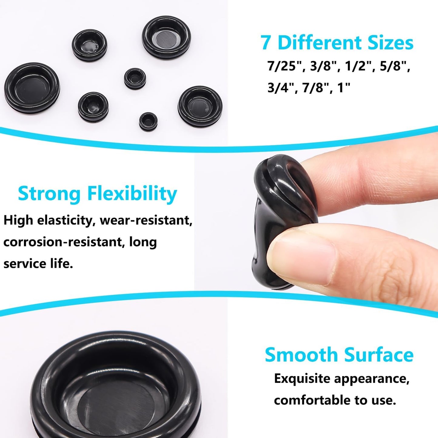Rubber Grommet Kit Closed Firewall Grommet 7 Sizes 7/25" 3/8" 1/2" 5/8" 3/4" 7/8" 1" Rubber Hole Plug Rubber Grommets for Wiring (188Pcs)